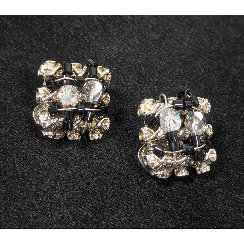 Vintage Silver Tone Black Glass Wrapped Bead Square Clip On Statement Earrings‎